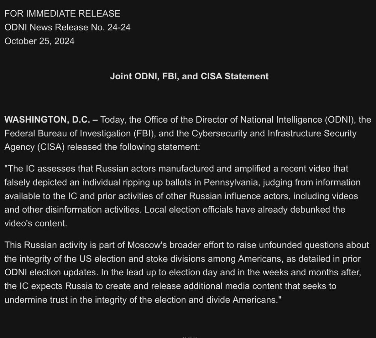 US intelligence assesses that Russia was behind fake video of individual tearing ballots in Pennsylvania. US intel warns Russia plans more media content in coming weeks to erode trust in US systems &amp; divide Americans.