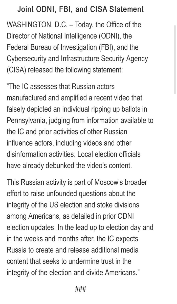 Quick work here by the Intelligence Community to alert the public. As Election Day gets closer and closer, it’s especially imperative on all of us to be cautious about what we believe and share online.