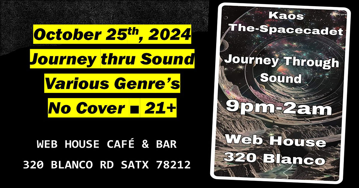 Web_House's tweet image. Join us tonight for A Journey Through Sound w/DJ Kaos The-Spacecadet at Web House from 9PM-2AM.  Genres: House, EDM, TECHNO,  DNB + MORE.

No Cover | 21+ event