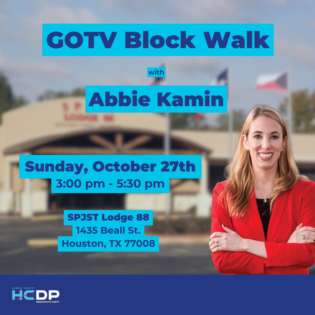 harrisdemocrats's tweet photo. This Sunday, don't miss HCDP's #GOTV Block Walk with Council Member @AbbieKamin, kicking off from SPJST Lodge 88! Sign up @ https://t.co/pfOpOh5CwL
#vote #voteblue #turntexasblue #democrats #houston #dems #ThisisHarrisCounty #kamala #kamalaharris #HarrisWalz2024 #dosomething https://t.co/ZsdmhtIJjF
