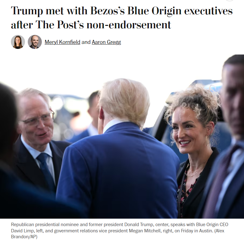 MerylKornfield's tweet image. Spotted outside Trump's Austin event: The former president talking with Bezos's Blue Origin execs (the same day The Post announced its editorial board won't make an endorsement) w/ @Post_AG 📸 by @alexbrandon  washingtonpost.com/elections/2024…
