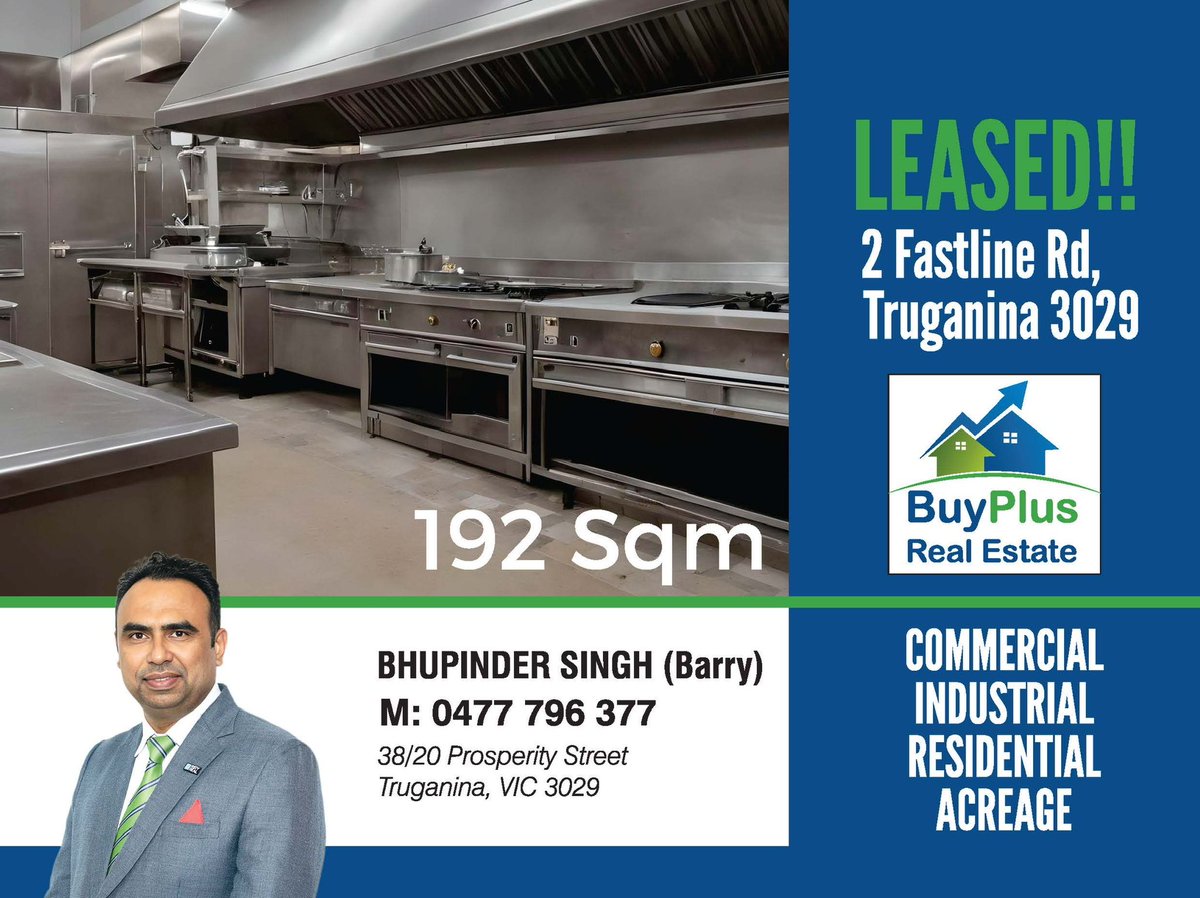 BuyPlusRE's tweet photo. 🏭LEASED 🏭
192 sqm -Commercial Kitchen 
183sqm -industrial warehouse 
To start or Expand your your business 
Contact 
Bhupinder virk(berry) 0477796377
BuyPlus real estate-Truganina 3029 https://t.co/PA5AI178rV
