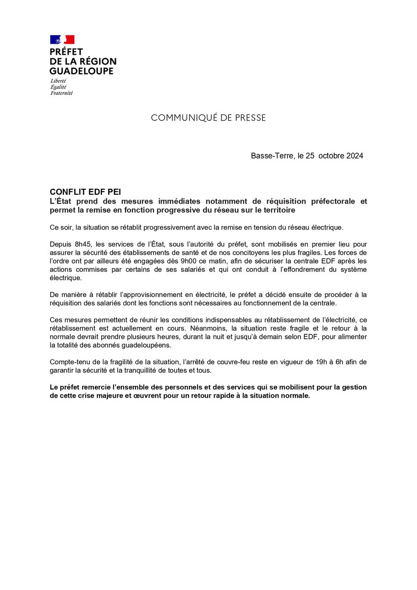 #Conflit EDF-PEI L’État prend des mesures immédiates notamment de réquisition préfectorale et permet la remise en fonction progressive du réseau sur le territoire