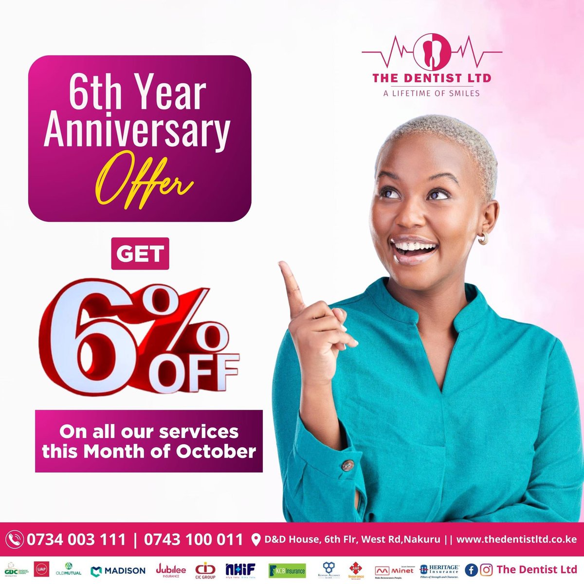 DentistLtd's tweet photo. Celebrate our 6th anniversary with 6% off on all services this October! 🎉🎂 It’s our way of saying thank you for your support over the years. Don’t miss out on this special offer! 🏥
 #anniversaryoffers #alifetimeofsmiles 

📌 Location: D&amp;D House, 6th Floor
📞0743100011 https://t.co/b7GFeHPlg5