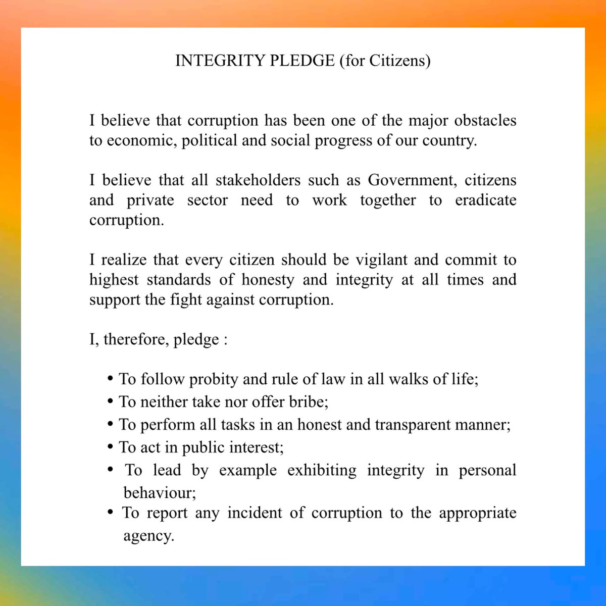 MinistryWCD's tweet photo. On the occasion of #VigilanceAwarenessWeek 2024, (October 28 - November 3, 2024) under the theme "Culture of Integrity for Nation’s Prosperity" #MoWCD officials will be taking the Integrity Pledge at 11 A.M on 28.10.2024 at Shastri Bhawan, New #Delhi. Ensure you take yours! https://t.co/pgAE0xvHns