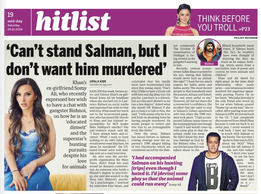 upalakbr999's tweet photo. Former actor & #SalmanKhan’s ex-girlfriend #Somy Ali hit headlines with her post, when she reached out to #LawrenceBishnoi on social media. Why did she reach out to him? Did she know it would becm controversial?
Somy tells @mid_day in an eExclusive chat...
https://t.co/qcZVMe5OYQ https://t.co/eYwZ9YPrcA