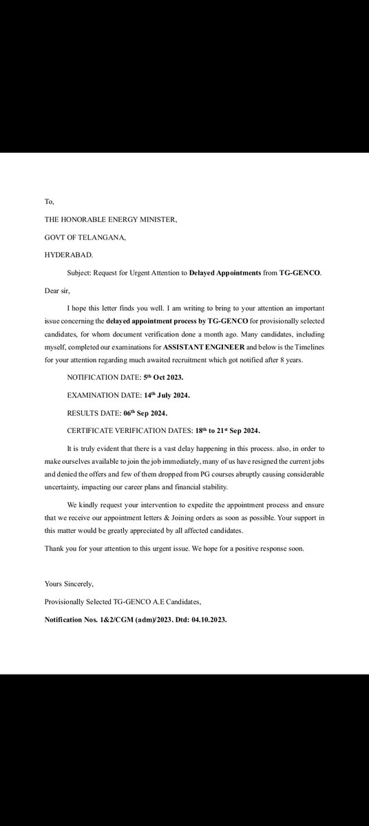 RPRASHANTHNAIK's tweet photo. @Bhatti_Mallu @TelanganaCMO@INCIndia @TelanganaCS @INCTelangana Request to release the Appointment order for TG GENCO -provisionally selected AE's and Chemistry TG GENCO vidhyut soudha, Hyderabad  
Thank you sir/madam https://t.co/YMUiiGNmOL