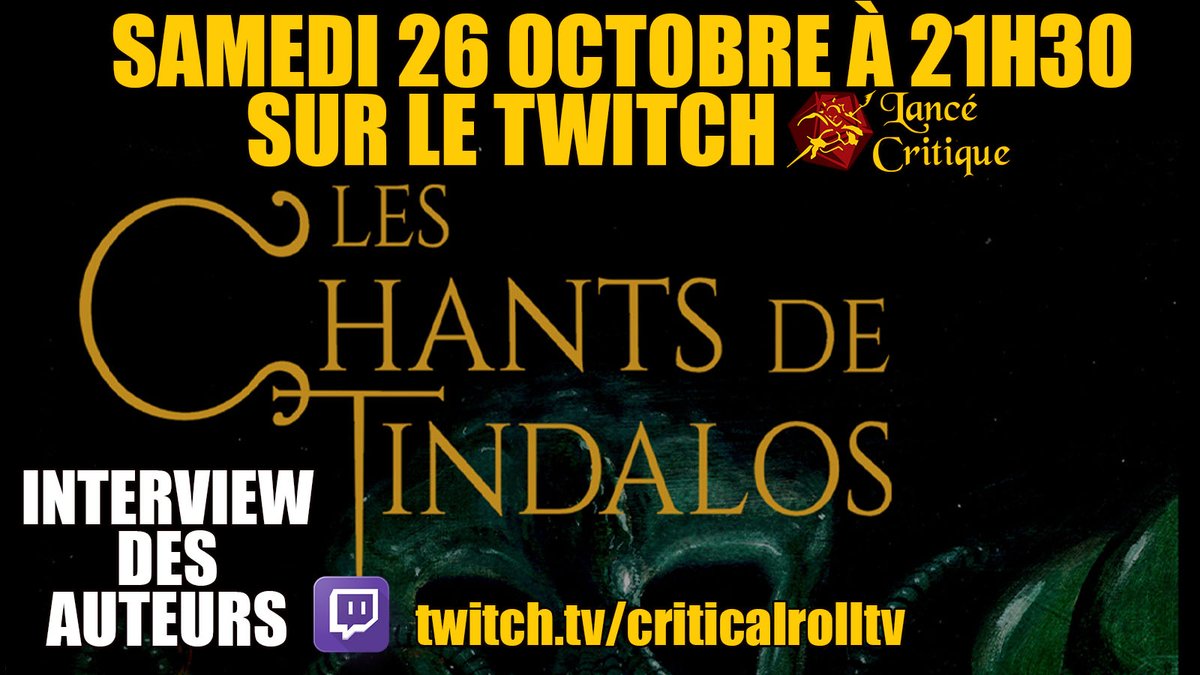 Critical_Roll's tweet photo. Après plus d'un an d'absence principalement pour des raisons professionnelles, la chaîne reprend du service. On commence dès ce soir avec l'interview des auteurs de "Les chants de Tindalos" sur https://t.co/v7jKlhgyJM @chantstindalos https://t.co/gnesFS6OJO