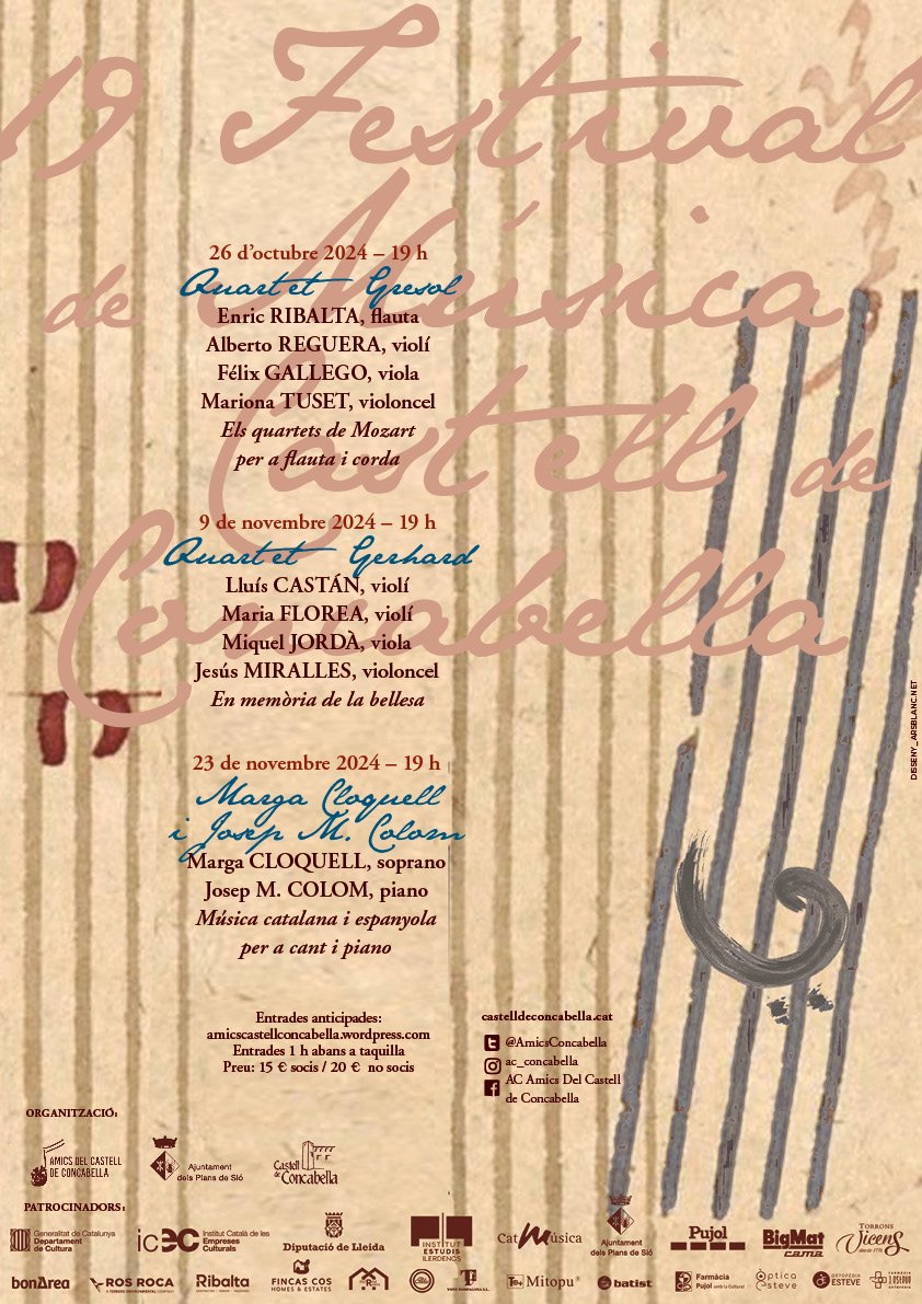 AmicsConcabella's tweet photo. Avui 19 h el Quartet Gresol encetarà el XIX Festival de música de Concabella amb els quartets de Mozart per a fl i corda (E. Ribalta fl, A. Reguera vl, F. Gallego va i M. Tuset vc). Entrades 1h abans a taquilla. Us hi esperem! @CConcabella https://t.co/UVqtGjxwlh