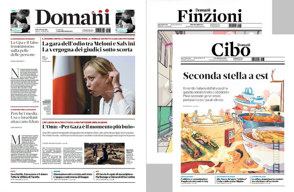 #26ottobre sabato in prima: incipit-anteprima su falso femminismo e media contro Khan, fotonotizia su gara d’odio tra Meloni e Salvini, apertura su momento più buio a Gaza, richiami a processo Cecchettin, Ronald Reagan, Paolo Sorrentino + supplementi #Finzioni e nuovissimo #Cibo