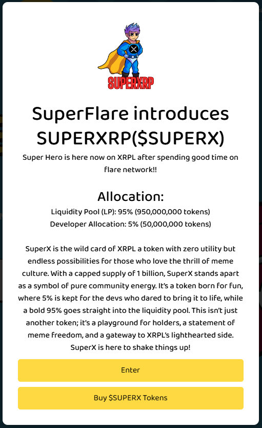 TomKeithFLR's tweet photo. $SUPERX on @First_Ledger is here!

💥Tokenomics:
💥Supply: 1B
💥Liquidity Pool (LP): 95% 
💥Developer Allocation: 5% 

https://t.co/qIsS13er1s

#Flarenetwork #xrpl #XRPCommunity #XRPmeme https://t.co/OWR8degzoN
