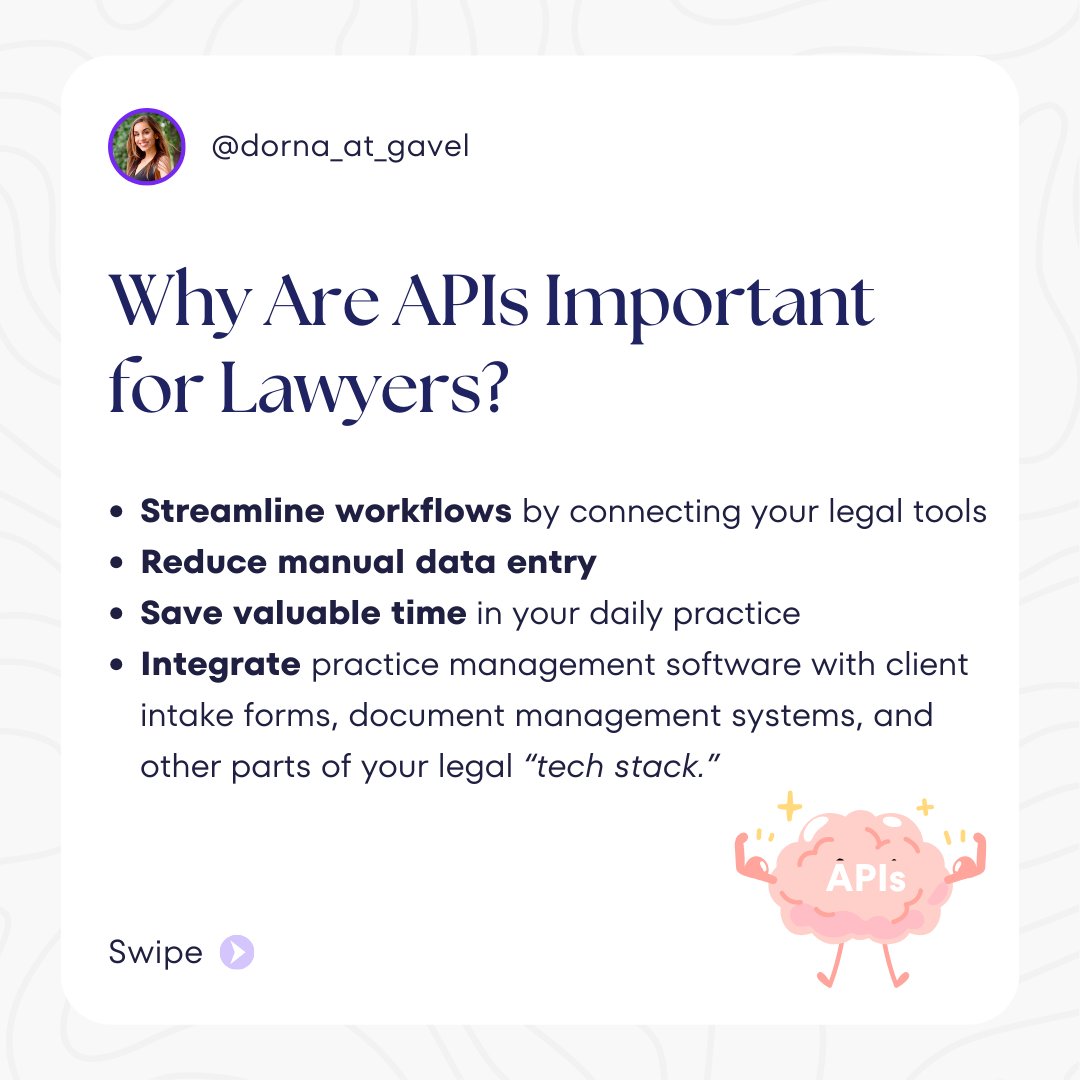 dorna_at_gavel's tweet photo. APIs work by letting your law firm’s software tools request and share data seamlessly. Unlike webhooks, which wait for a trigger, APIs actively pull information, update records, and keep your systems connected in real time. 🏛️💡 
#LegalTech #APIs #Automation #LawFirm https://t.co/cmFUvvMJKn