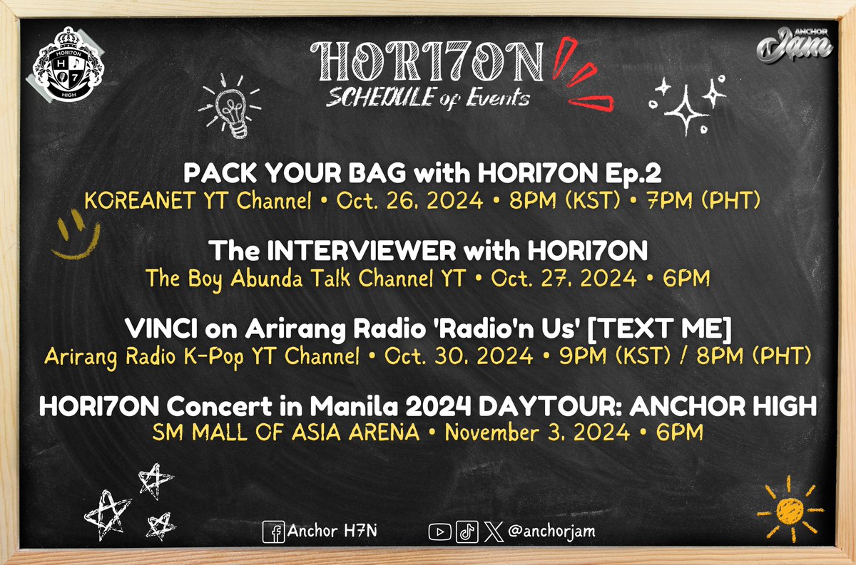 ANCHORjam's tweet image. 📣 Attention, Anchors!

Check out HORI7ON's latest schedule of events for October and November! Stay tuned for more exciting updates coming soon.

NEW ADVENTURE WITH HORI7ON

#PackYourBagEP2
#HORI7ON #호라이즌 
@HORI7ONofficial
@HORI7ON_twt