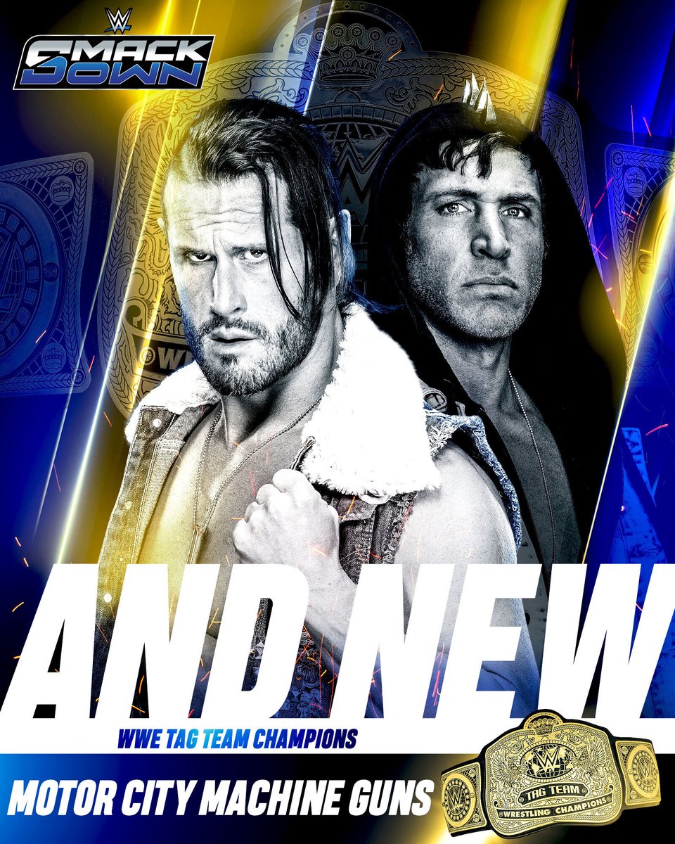 WWE's tweet photo. WHAT. A. NIGHT.  👏👏👏

#ANDNEW WWE Tag Team Champions... Motor City Machine Guns! 

Congratulations! 

#SmackDown https://t.co/DXtm32lQ5x