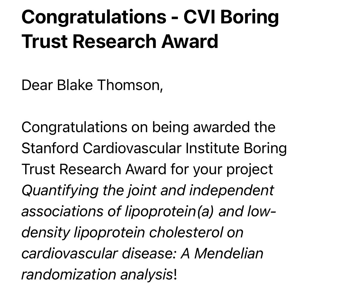 Blake Thomson (@blakewthomson) on Twitter photo Excited to receive the Stanford Cardiovascular Institute Boring Trust Research Award <a href="/StanfordMed/">Stanford Medicine</a>! So grateful for the incredible mentorship of <a href="/ShoaClarke/">Shoa L. Clarke</a> and <a href="/tassimes/">Tim L. Assimes, MD PhD</a> over the last 2 years.
Huge thanks to <a href="/StanfordCVI/">Stanford CVI</a> & <a href="/Joseph_C_Wu/">Joseph C Wu, MD, PhD</a> for supporting medical student research! Excited to receive the Stanford Cardiovascular Institute Boring Trust Research Award <a href="/StanfordMed/">Stanford Medicine</a>! So grateful for the incredible mentorship of <a href="/ShoaClarke/">Shoa L. Clarke</a> and <a href="/tassimes/">Tim L. Assimes, MD PhD</a> over the last 2 years.
Huge thanks to <a href="/StanfordCVI/">Stanford CVI</a> & <a href="/Joseph_C_Wu/">Joseph C Wu, MD, PhD</a> for supporting medical student research!