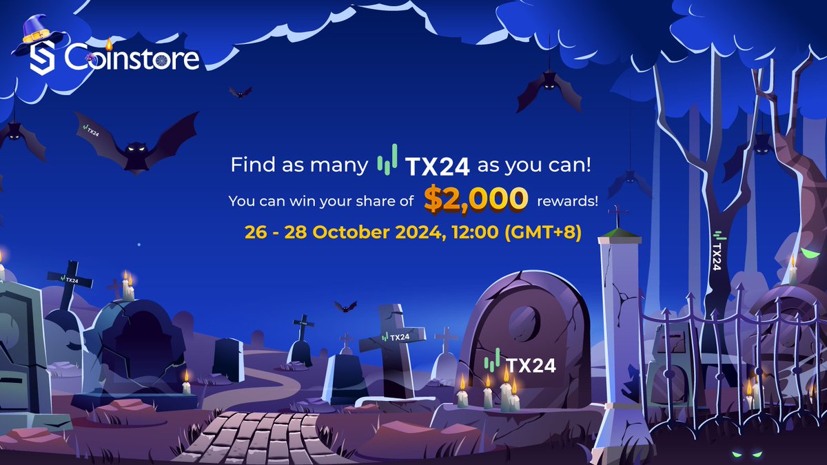 CoinstoreExc's tweet photo. 🎃 TX24 Spooktacular Token Hunt is Here! 👻

💰 $2,000 worth of $TXT is up for grabs! Want to join? It’s simple:

🕵️‍♂️ Find the total number of TX24 logos hidden in the posted image and comment your answer!

🗓️ Campaign Period: 26/10/2024, 12:00 - 28/10/2024, 12:00 (GMT+8)

🔗 To participate:
🔹Like & Retweet the post
🔹Follow @CoinstoreExc and @tx24io
🔹Submit your answers within the timeframe!
https://t.co/SDB9Z8M9uQ

⚠️ Remember: Multiple or edited answers will get you disqualified, so guess wisely!
Don't miss out – get hunting and claim your prize! 🕸️💀

#SpooktacularTokenHunt #Coinstore #TX24 #USDTGiveaway #airdropreward