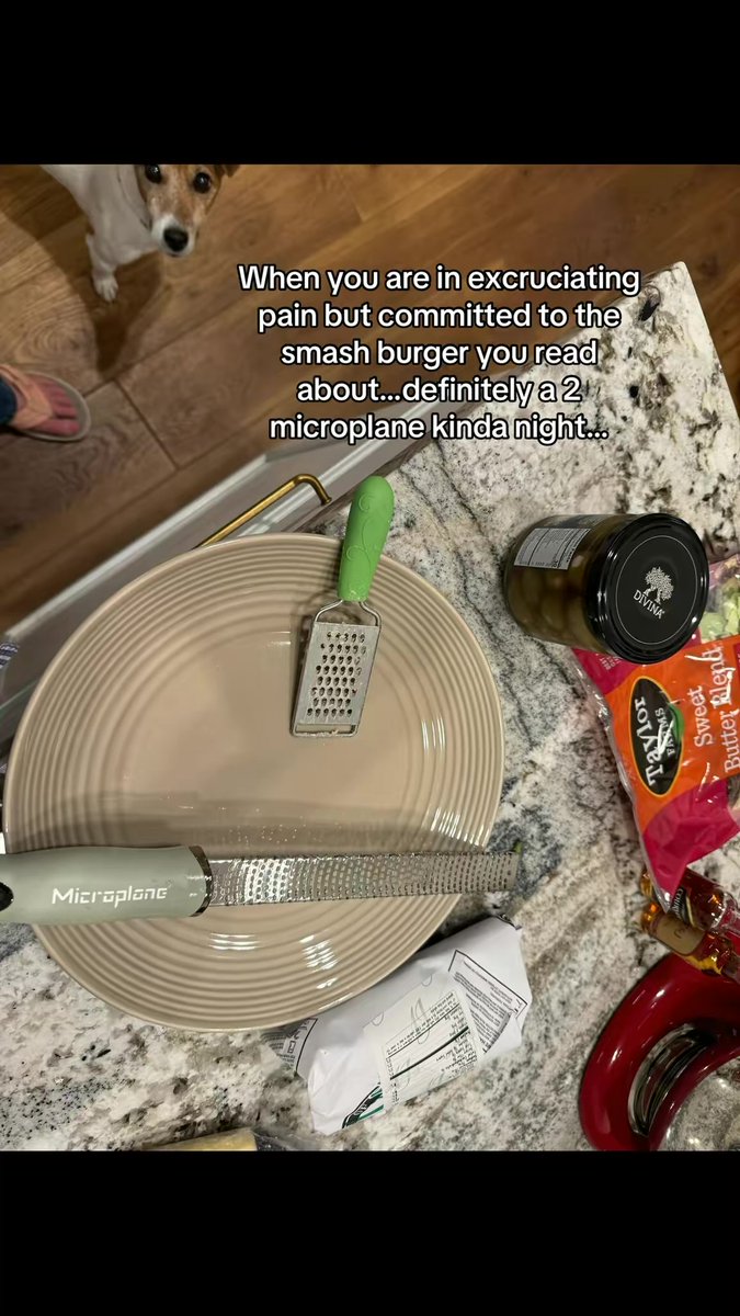 quesarahcooks's tweet photo. When you are in excruciating pain but committed to the smash burger you read about…definitely a 2 microplane kinda night…#microplane #smashburger #letsdothis with @AccordingtoMort https://t.co/HESgReWcj6