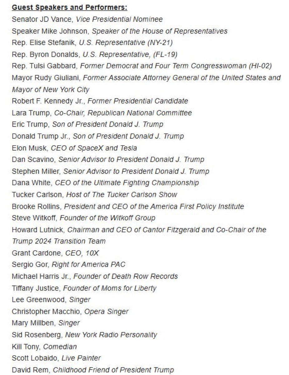 Here is the list of speakers for President Trump's rally at Madison Square Garden in New York City.

Can’t wait! It’s going to be a great time.