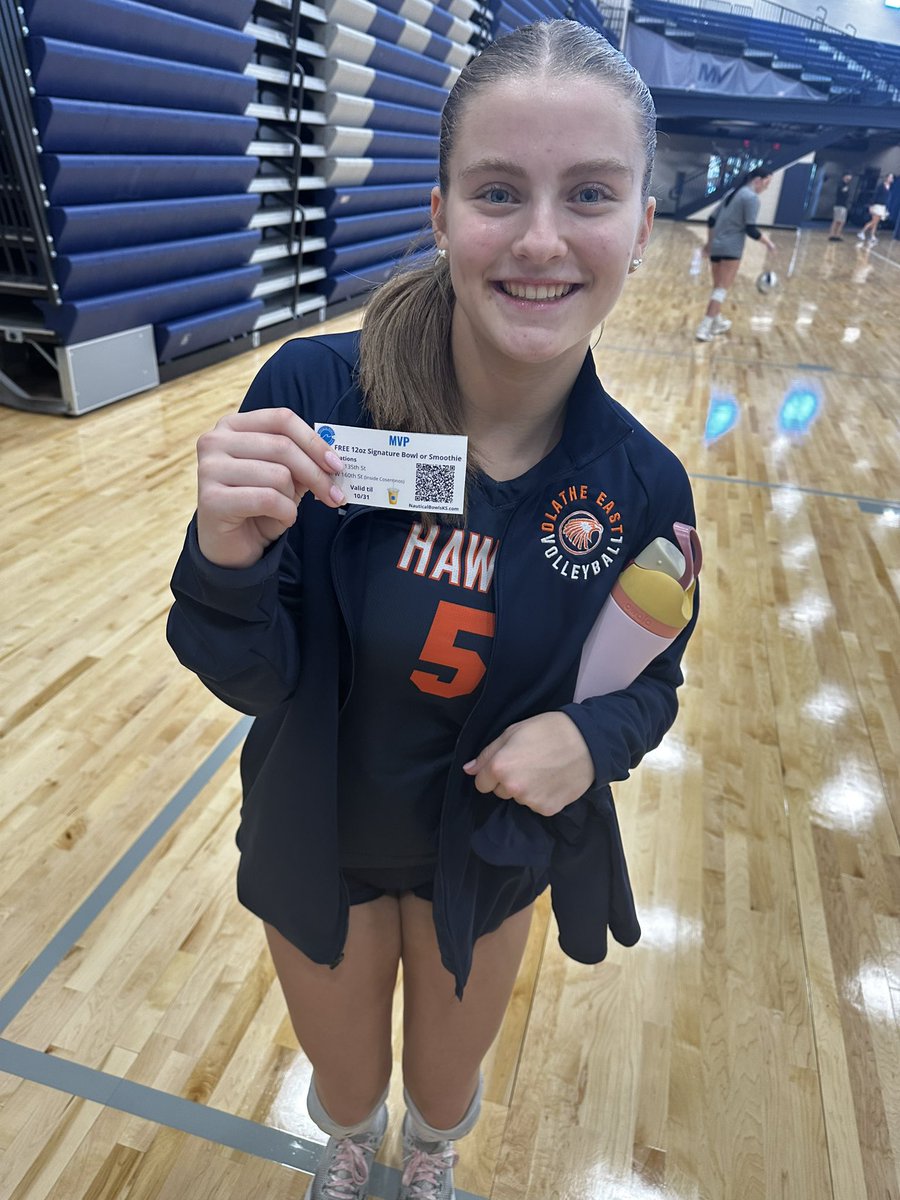 OEHawksVB's tweet photo. #MVP for us of the JV @SFLLeagueKS tourney last Saturday. 🥰 Way to go, Emma! 🧡🏐💙💪🏼 https://t.co/B6Ojjd1Ric