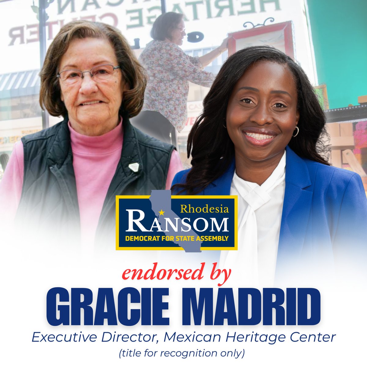 RhodesiaRansom's tweet photo. Honored to have the endorsement of Dr. Gracie Madrid, Executive Director of the Mexican Heritage Center & Gallery! Her leadership in education and the community inspires us all. Thank you for your support! #CA13 #RansomForAssembly #StocktonProud #WomenInLeadership https://t.co/uT2r15sTHj