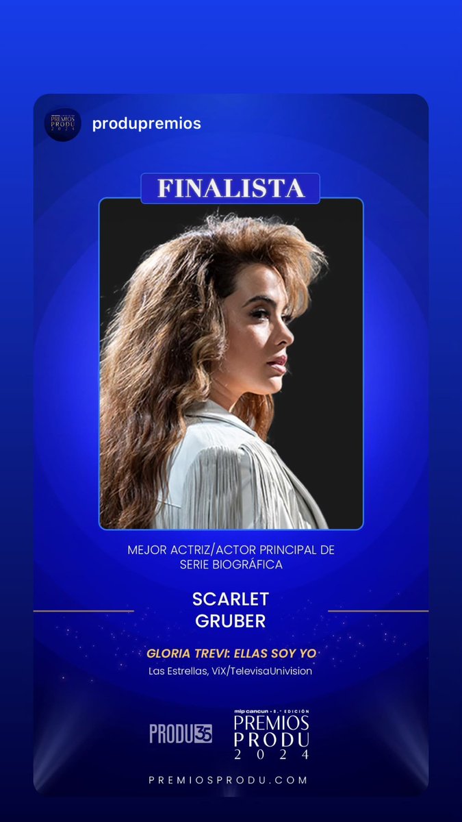 ScarletChileFc 🇨🇱 (@chilescarlet) on Twitter photo Muchas felicidades hermosa 👏
Ya,eres Finalista 🙌
<a href="/ScarletGruber/">Scarlet Gruber</a> nominada a Mejor Actriz de serie biográfica por su Grandiosa interpretación de Gloria Trevi 🎤😍
#produpremios
#ScarletEsGloria
#EllasSoyYo
<a href="/GTEllasSoyYo/">Gloria Trevi: Ellas soy yo</a> Muchas felicidades hermosa 👏
Ya,eres Finalista 🙌
<a href="/ScarletGruber/">Scarlet Gruber</a> nominada a Mejor Actriz de serie biográfica por su Grandiosa interpretación de Gloria Trevi 🎤😍
#produpremios
#ScarletEsGloria
#EllasSoyYo
<a href="/GTEllasSoyYo/">Gloria Trevi: Ellas soy yo</a>