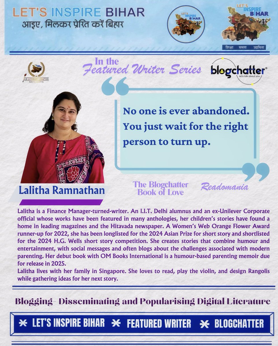 LIBLiterary's tweet photo. In the Special #FeaturedWriterSeries
Presenting the featured #Writer Lalitha Ramnathan and her thoughts.
#Blogging #DigitalLiterature #Writers
Book Link- https://t.co/1hxaJEz49H
@lib_central
@vikasvaibhavips
@blogchatter @ombooksdelhi @womensweb @HGWellsSSC https://t.co/iA1gfq4Sgs