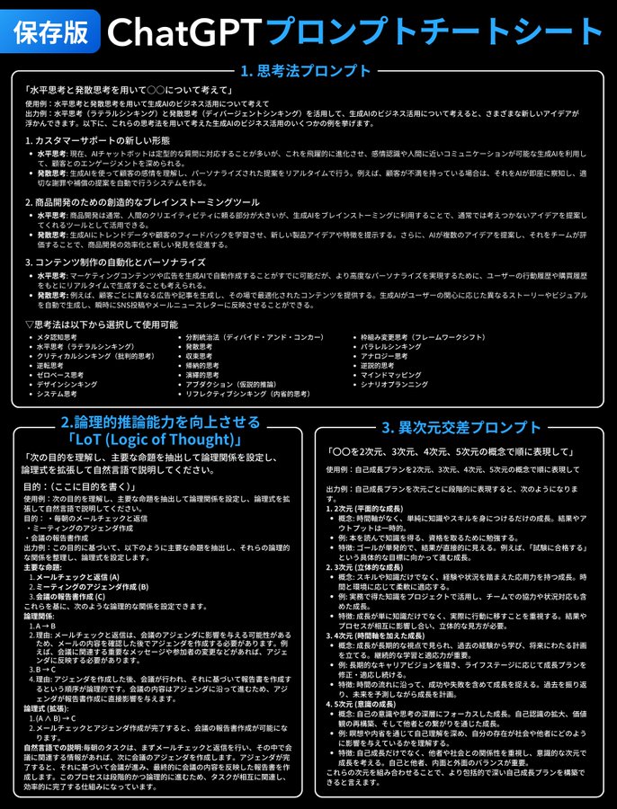重要なので何度も言いますが

プロンプトは質問次第で回答の精度が爆上がりする：

ブックマーク保存をおすすめします↓