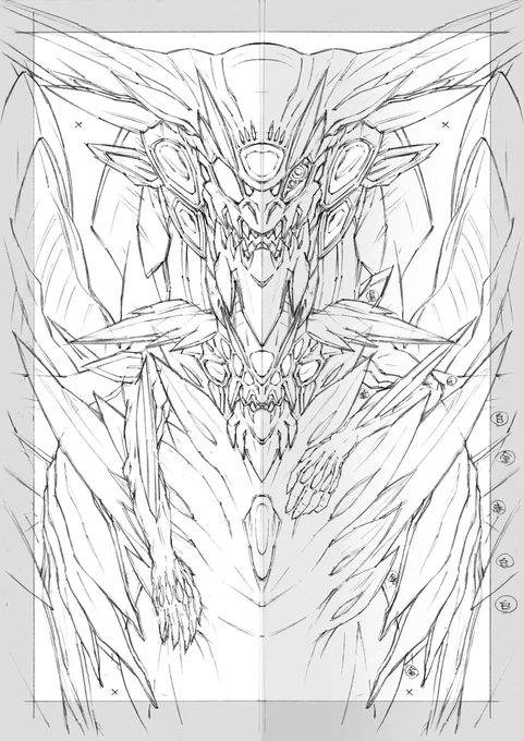 本日発売『[BS70]契約編:真 第3章 全天の覇神』に収録の「超神星龍ジークヴルム・ノヴァXV」シークレット版の線画等になります。メテオ〜と同じく仕上は柴田亜紀子さん、特効は前村陽子さん、撮影は貞松寿幸さんです。ジークヴルムを入れ込みたかったのですがテキストで隠れてしまうということで(^_^;) 