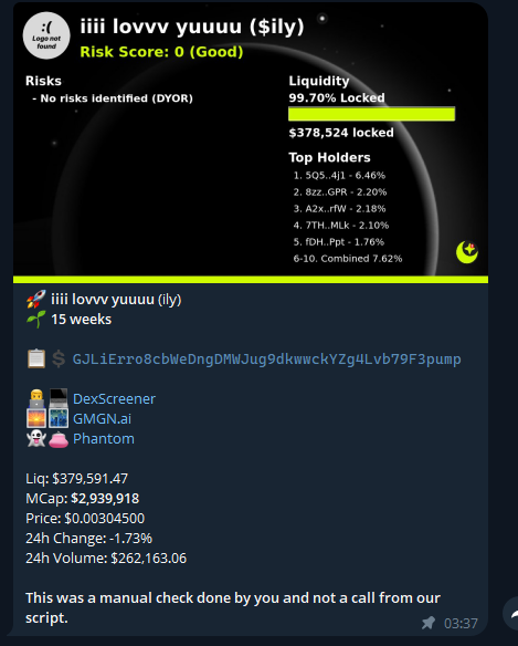 MoonAlertsPro's tweet photo. @ily_coin Look! Your token was called by our script! You can get access to it by holding just 0.5 SOL worth of our token! https://t.co/uGx3yVKPKJ
