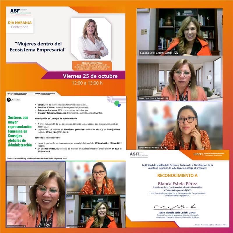 En el marco del #DíaNaranja en la <a href="/ASF_Mexico/">Auditoría Superior</a>, la #UIGCF a través de su Titular <a href="/ClauCorichi/">Clau Corichi Oficial</a> invitó a la presidenta de la Comisión de Inclusión y Diversidad del @CCE , Blanca E. Pérez, a dictar la conferencia “Mujeres dentro del ecosistema empresarial”, donde compartió su