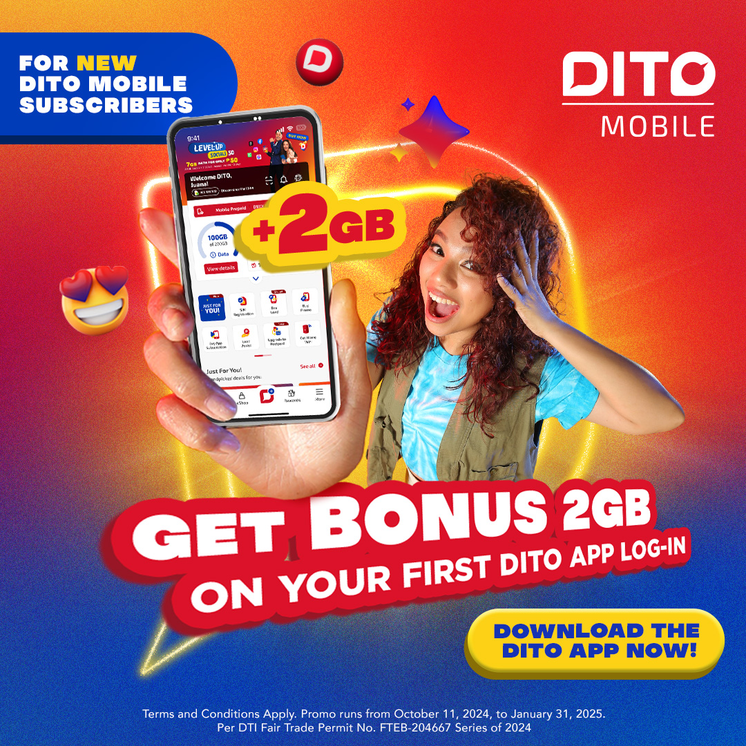 DITOphofficial's tweet photo. Nakapag-log in ka na ba sa DITO App, DITOzen? Sign in for the first time and enjoy extra 2GB all-access data, valid for 3 days, plus other exclusive promos!

Download the DITO App now and stay updated on the latest offers: https://t.co/cKPTnpZcmo

Promo runs from October 11, 2024, to January 31, 2025. Per DTI Fair Trade Permit No. FTEB-204667 Series of 2024