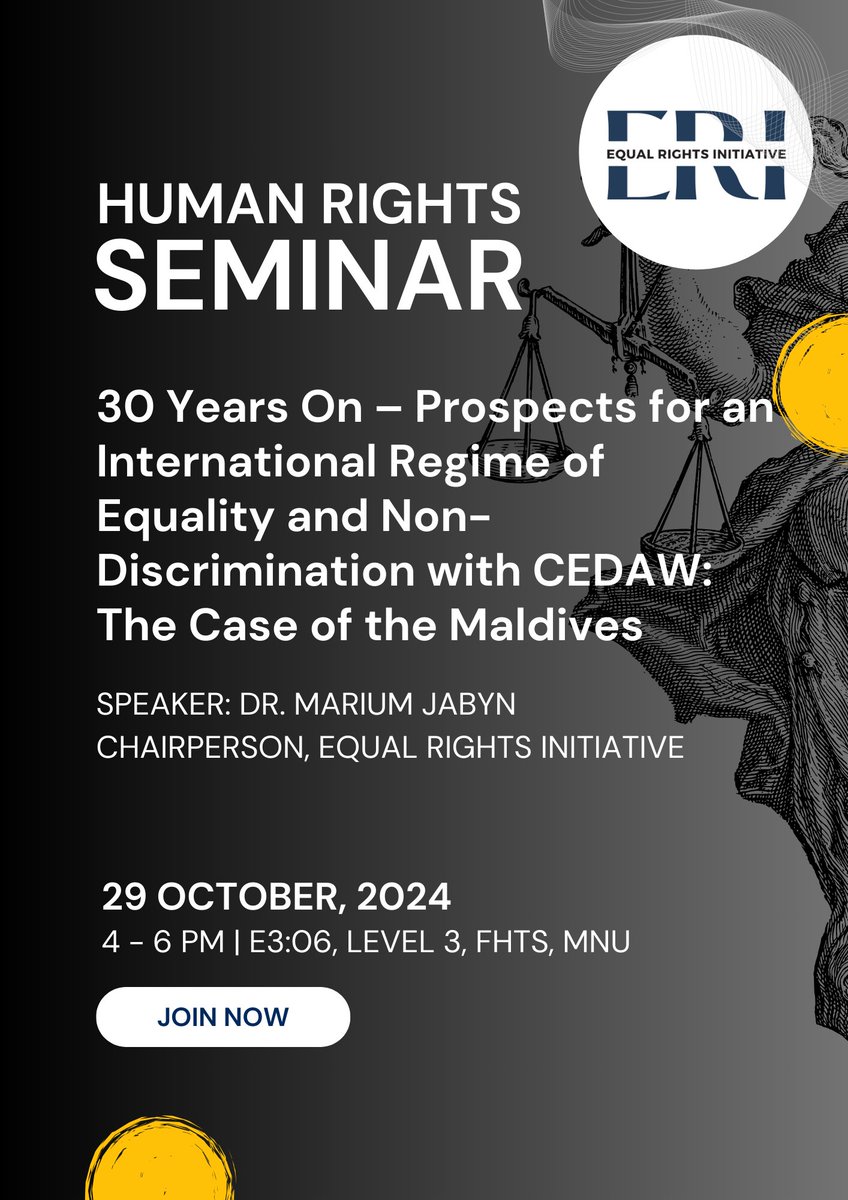 Join us for a conversation on "30-Years On – Prospects for an International Regime of Equality and Non-Discrimination with CEDAW: The Case of the Maldives"! Seats are limited - Sign-up before 9 AM on 29 October 2024: forms.gle/QB43aEtpUcsCNj……