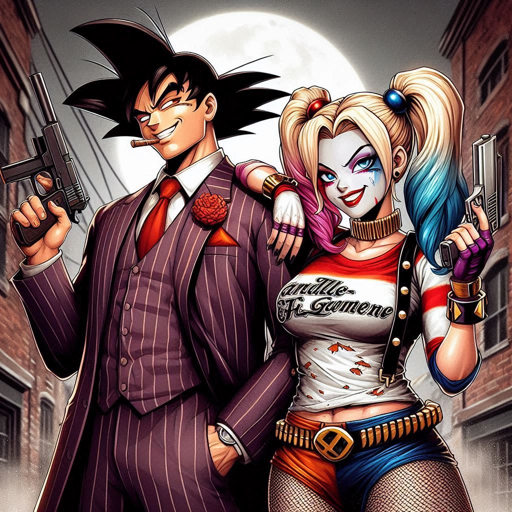sebastiananticr's tweet image. Goku y Harley Quinn Mafiosos #Goku #HarleyQuinn #Mafiosos #DragonBall #WhatIf #DC