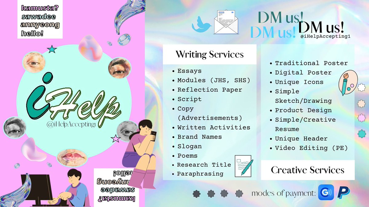 It's been a while! 

Accepting Commissions Again!⭐
Forte: essays and creative outputs

🙏write-ups 🙏creative outputs ( drawing, painting, posters, resume, plates, portraits, simple sketches, editing, Pubmat) 🙏Marketing Plan - etc
tags_ commissioner lf client