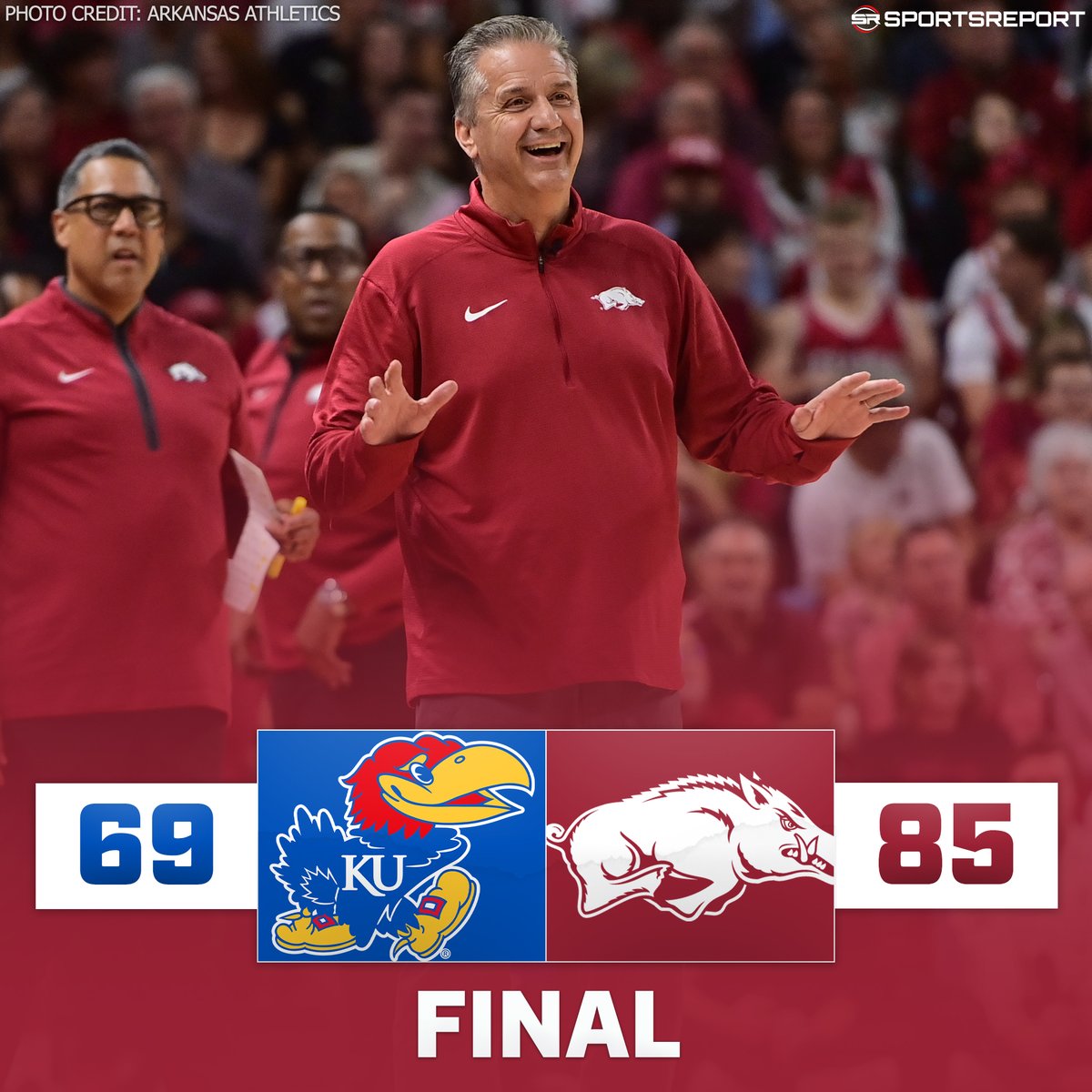 SRArkansas's tweet photo. #HOGS WIN!!! #Arkansas DOMINATES #1 Kansas in Coach Cal's debut!!! https://t.co/k8WWKqSJfj