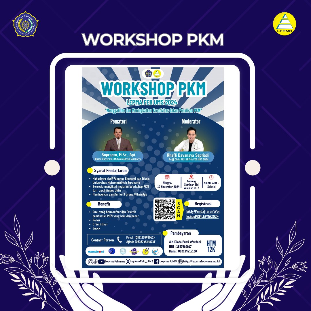 LepmaFEB_UMS's tweet photo. 📢 [LEPMA FEB UMS PROUDLY PRESENT] 📢 

📌 WORKSHOP PKM 2📌
Mau ngapain sih ikut Workshop PKM?🤔
Dengan acara ini kita akan diberikan materi mengenai penyusunan PKM dengan baik dan benar, tentu dengan beberapa benefit yang menarik.

📧 Link Pendaftaran 📧 
https://t.co/zjzB9QJwHU https://t.co/EpzX36DFMG