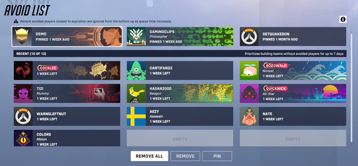 Overwatch added 12 more avoid slots and I'm still going to run out (this is after like 2 short sessions of ranked)