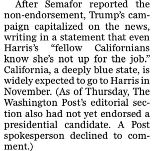 RobMeansDC's tweet photo. @farhip @washingtonpost It’s effectively an endorsement of TFG. In the Post’s own reporting on the LATimes decision. Bonus ominous foreshadowing in the last sentence. https://t.co/RtNQ0nSLay