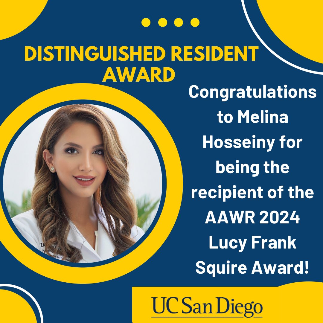 Congratulations to our brilliant R2, Melina Hosseiny for receiving the AAWR 2024 Lucy Frank Squire Award which recognizes outstanding contributions in clinical care and scholarship. Well done! We are so proud! 
👏👏👏  
#ucsdradres #radres #radiology #AAWR