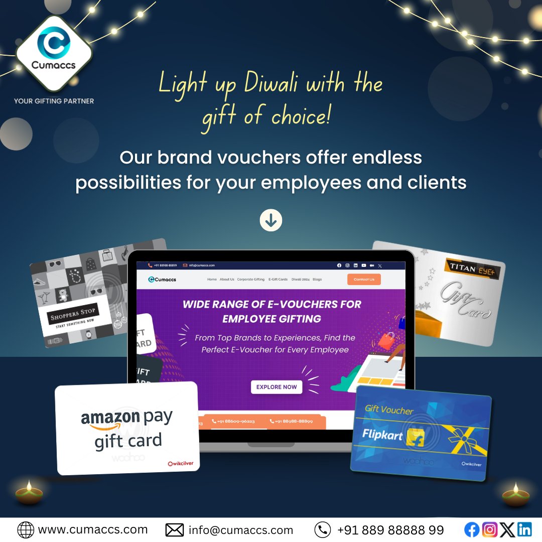 cumaccs's tweet photo. Gift your employees and clients this Diwali with Cumaccsβ wide range of brand e-vouchers for endless gifting possibilities! π³πβ¨
Cumaccs- your corporate gifting partner!
#cumaccs #joiningkit #branding #corporategiftsolutions #eventgifting #promotionalitems https://t.co/x2eLVGaKlq
