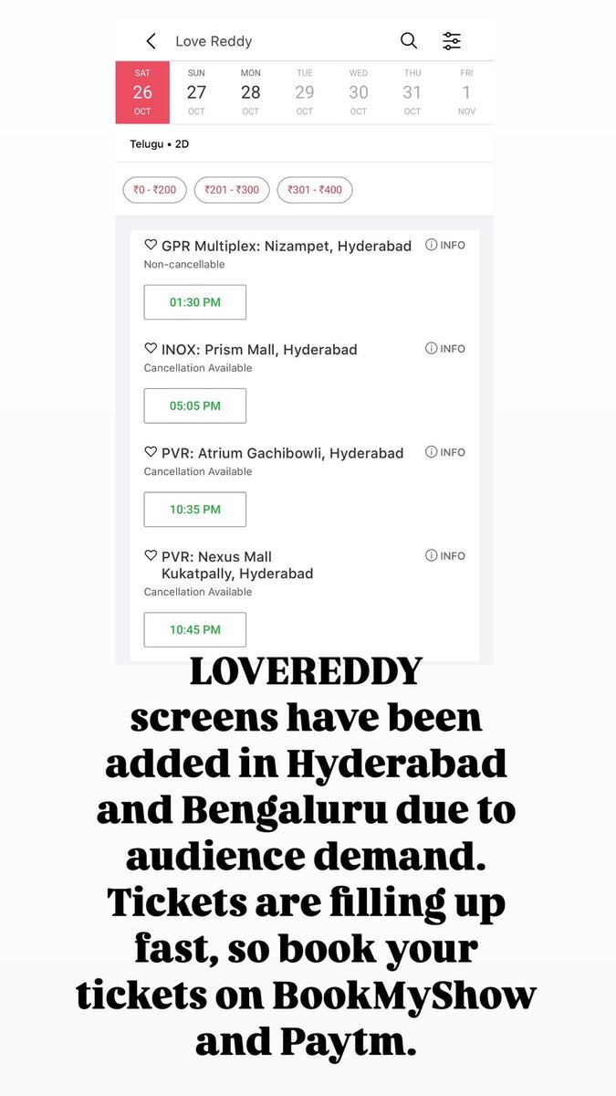 LOVEREDDY screens have been added in Hyderabad and Bangalore due to audience demand. Tickets are filling up fast, so book your tickets on BookMyShow and Paytm.
#lovereddy #prabhasforlovereddy #lovereddymovie #LoveReddyOnOct18 #lovereddyintheatres #pranamkanna #abaddama
