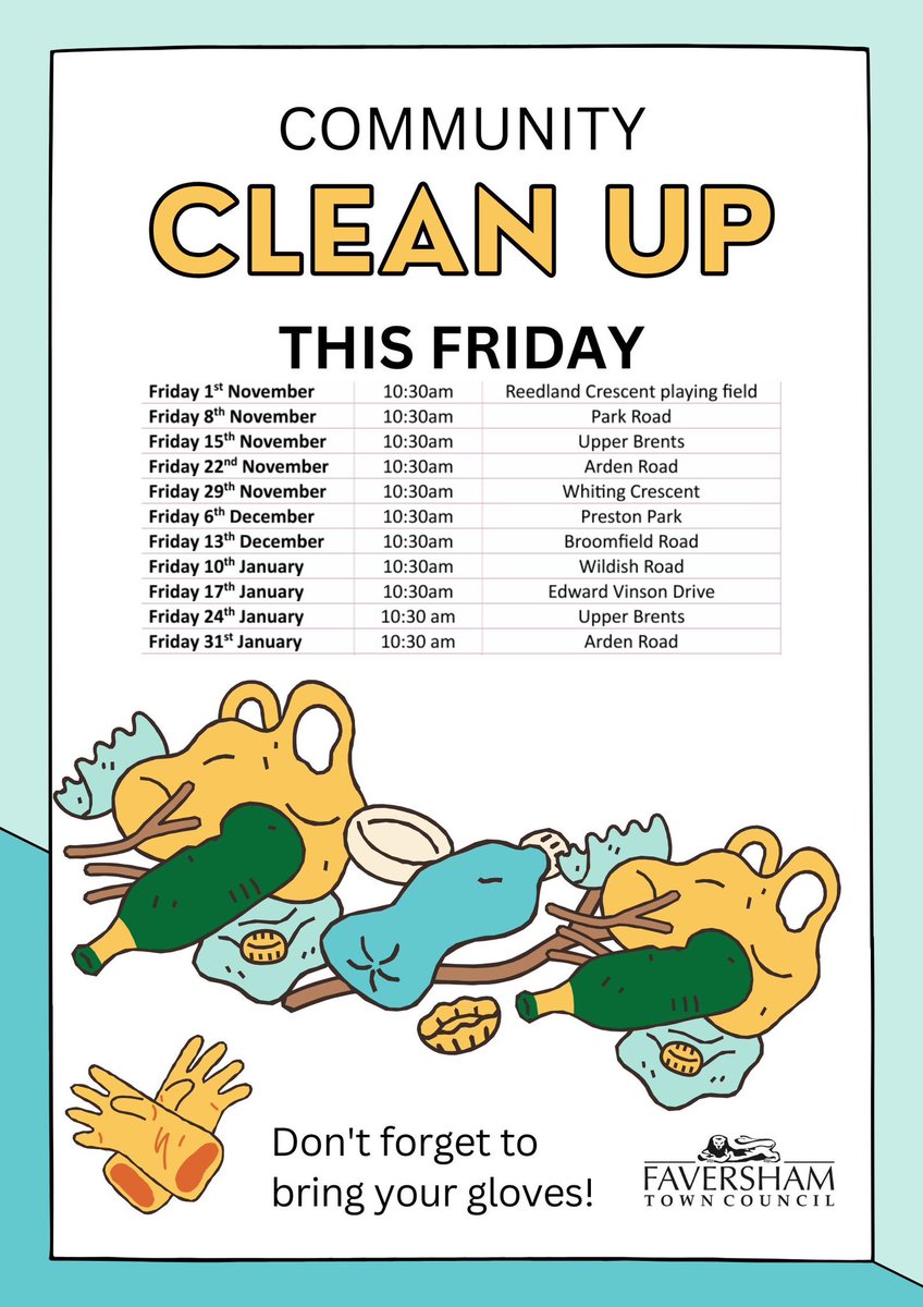 Dates for your diary! Come along and join our Town Ranger, Joe, in a #60 minute litter pick on Friday mornings. Check the areas below and look for the town council van. Equipment provided, but wear appropriate clothes for the weather and bring gloves. THANK YOU 🤩
