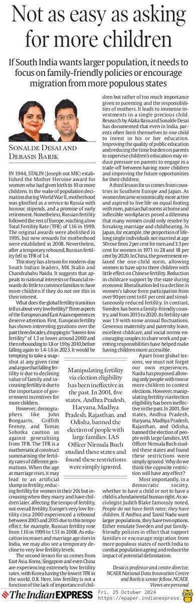 Sonalde Desai (@sonaldedesai) on Twitter photo Southern Indian chief ministers are talking about implementing pronatalist policies as they fear losing out to the North in political and financial power. <a href="/DebasisBarik25/">Debasis Barik</a> and I discuss limited options available to them in <a href="/IndianExpress/">The Indian Express</a> Southern Indian chief ministers are talking about implementing pronatalist policies as they fear losing out to the North in political and financial power. <a href="/DebasisBarik25/">Debasis Barik</a> and I discuss limited options available to them in <a href="/IndianExpress/">The Indian Express</a>