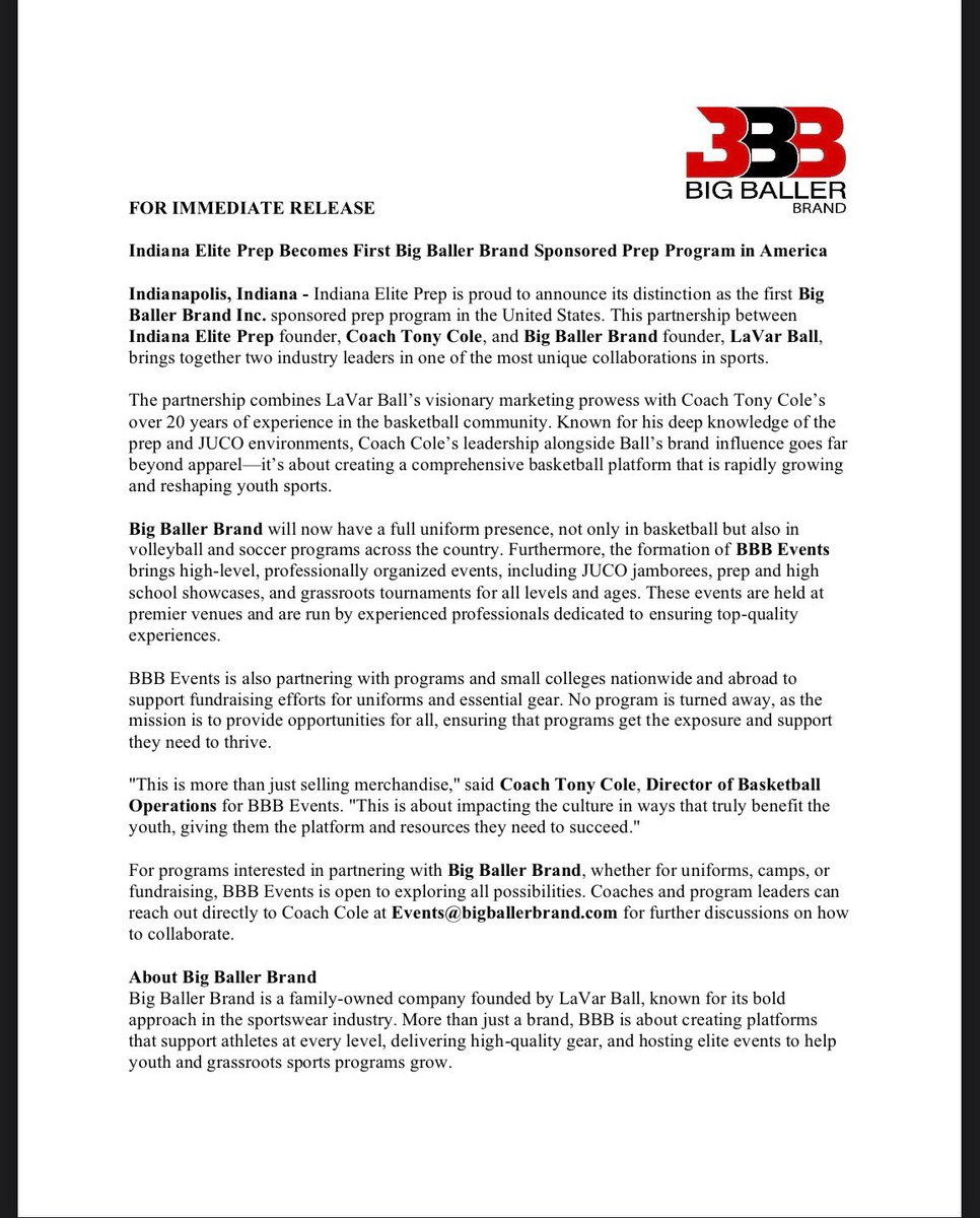 BIG BALLER BRAND INC π EVENTS (@bbbincevents) on Twitter photo <a href="/bigballerbrand/">Big Baller Brand</a> is excited to have <a href="/INElitePrep/">INDIANA ELITE PREP</a> as part of the BBB family. Weβve partnered with amazing people, eager to represent BBB. <a href="/BBBIncEvents/">BIG BALLER BRAND INC π EVENTS</a> Director of Basketball Operations <a href="/realcoachcole/">Tony Cole</a> has begun building an amazing foundation for <a href="/BBBIncEvents/">BIG BALLER BRAND INC π EVENTS</a> Great things coming. <a href="/bigballerbrand/">Big Baller Brand</a> is excited to have <a href="/INElitePrep/">INDIANA ELITE PREP</a> as part of the BBB family. Weβve partnered with amazing people, eager to represent BBB. <a href="/BBBIncEvents/">BIG BALLER BRAND INC π EVENTS</a> Director of Basketball Operations <a href="/realcoachcole/">Tony Cole</a> has begun building an amazing foundation for <a href="/BBBIncEvents/">BIG BALLER BRAND INC π EVENTS</a> Great things coming.