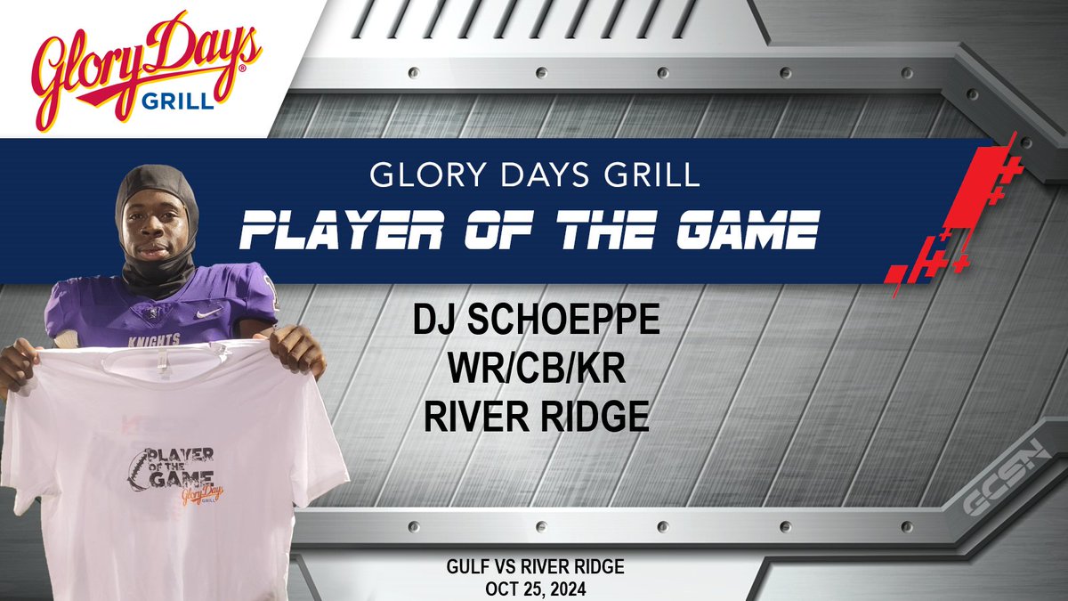 GulfCoastSportsNetwork (@gcsnbroadcasts) on Twitter photo Gulf Coast Sports Network would like to congratulate DJ Schoeppe for being named the Glory Days Player of the Game on our Oct 25, 2024 broadcast! Full replay on our YT channel <a href="/11Wedje/">Wedje(DJ)Schoeppe</a> <a href="/KnightsRRHS/">2025 River Ridge Knights Football</a> <a href="/rrhsknights/">River Ridge Knights</a> <a href="/PascoCountyFB/">PascoCountyFB</a> <a href="/Andy_Villamarzo/">Andy Villamarzo</a> #football #hsfootball Gulf Coast Sports Network would like to congratulate DJ Schoeppe for being named the Glory Days Player of the Game on our Oct 25, 2024 broadcast! Full replay on our YT channel <a href="/11Wedje/">Wedje(DJ)Schoeppe</a> <a href="/KnightsRRHS/">2025 River Ridge Knights Football</a> <a href="/rrhsknights/">River Ridge Knights</a> <a href="/PascoCountyFB/">PascoCountyFB</a> <a href="/Andy_Villamarzo/">Andy Villamarzo</a> #football #hsfootball