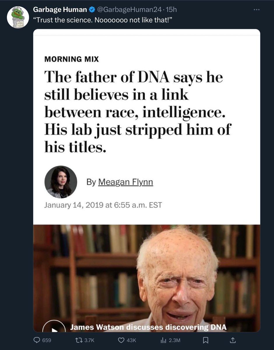 DreamLeaf5's tweet image. The guy is nearly 100 years old I don’t think his opinions on race qualifies as “science”