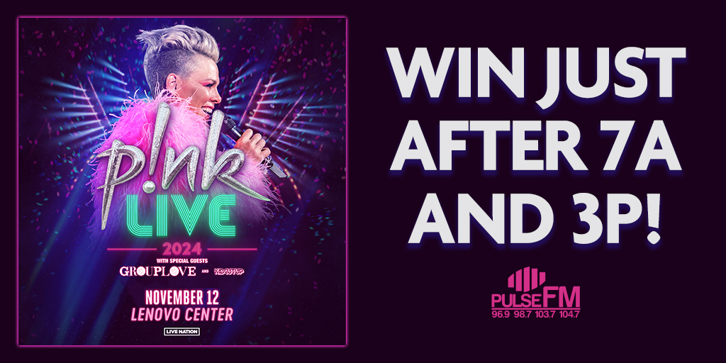 P!NK Live 2024 heads to Lenovo Center on Tuesday, November 12th along with GROUPLOVE and KIDCUTUP! Listen every day this week just after 7 a.m. and 3 p.m. for your chance to win a pair of tickets to the show.
