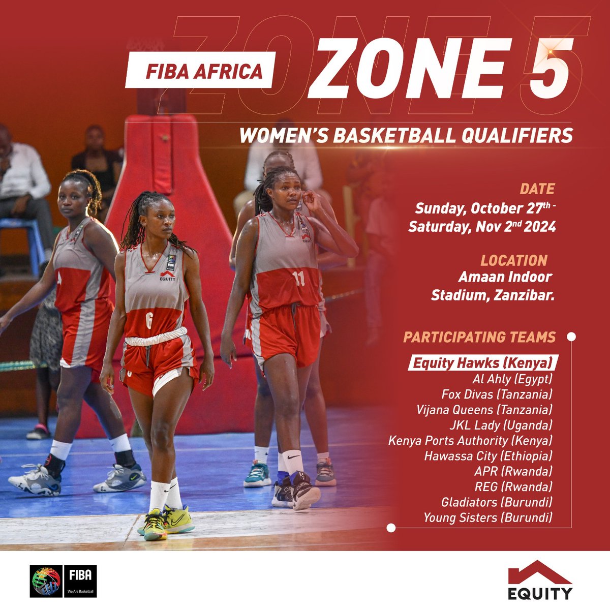Equity Hawks, the 2024 reigning KBF Women's Premier League champions will compete in the Women’s Basketball League Africa (WBLA) 2024 Zone Five Qualifiers starting this Sunday, 27th October at Amaan Indoor Stadium in Zanzibar.
They join ten teams from FIBA Africa Zone 5, all