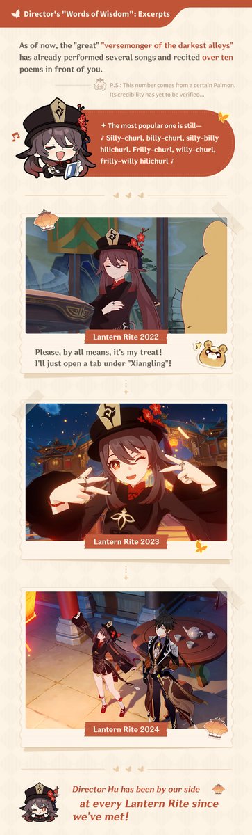 GenshinImpact's tweet photo. Character Fun Facts: #HuTao

Hello, Traveler! The Event Wish "Moment of Bloom" is about to begin. Let's take a moment to reminisce about our memorable moments spent with Hu Tao!

See more details here: https://t.co/WhwIv7sDwl

#GenshinImpact https://t.co/BRWX3VpTlg