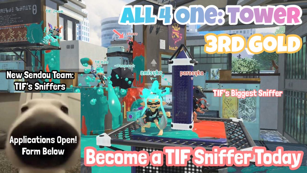 Our first podium in a div 5 cap tourney! We also finally have a copy pasta 🎉

👃  SNIFF TO SUPPORT TIF 👃  SNIFF TO SUPPORT TIF 👃

Introducing the newest Sendou Team: TIF's Sniffers! Apply below to show you are a true supporter of TIF
